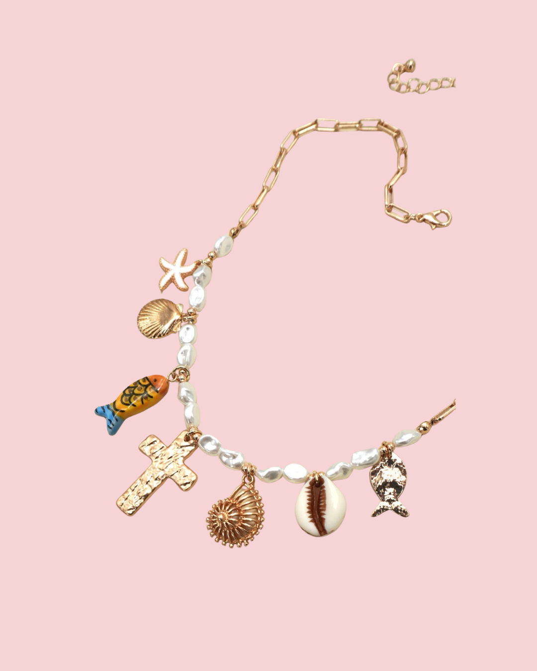 Porcelain Fish Cross Pearl Charm Necklace