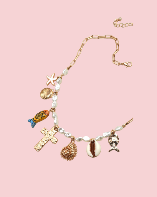 Porcelain Fish Cross Pearl Charm Necklace