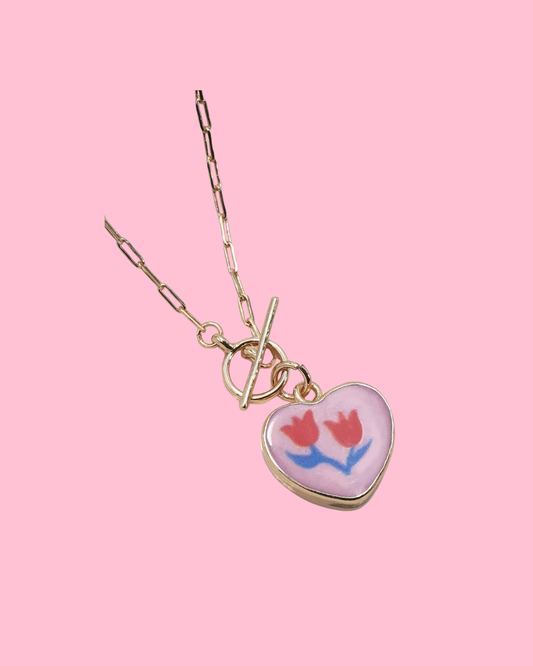 PORCELAIN FLOWER HEART CHARM TOGGLE NECKLACE