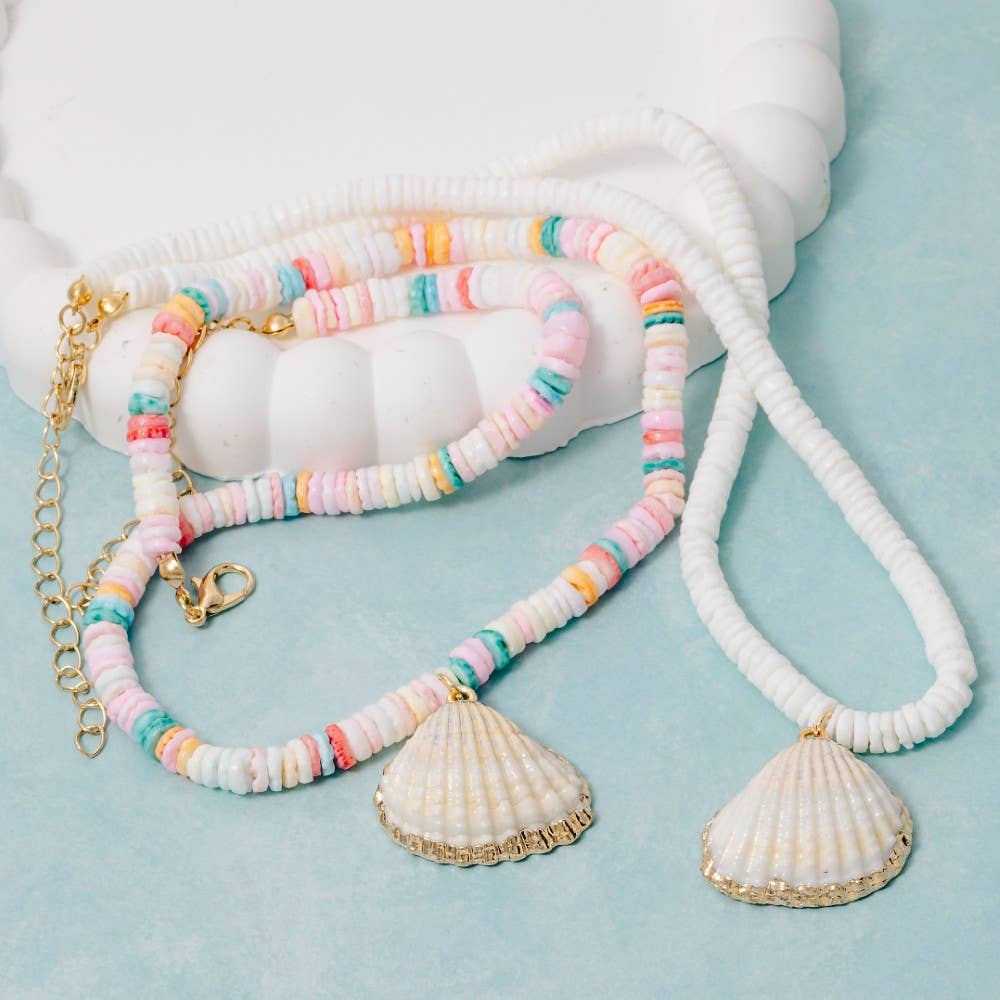 Metallic Dip Clam Shell Pendant Disc Beaded Necklace