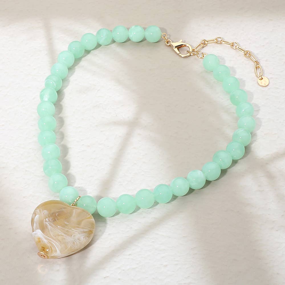 Chunky Marbled Resin Heart Charm Beaded Necklace