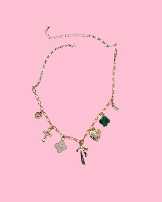 Bow Cross Heart Green Clover Charm Necklace