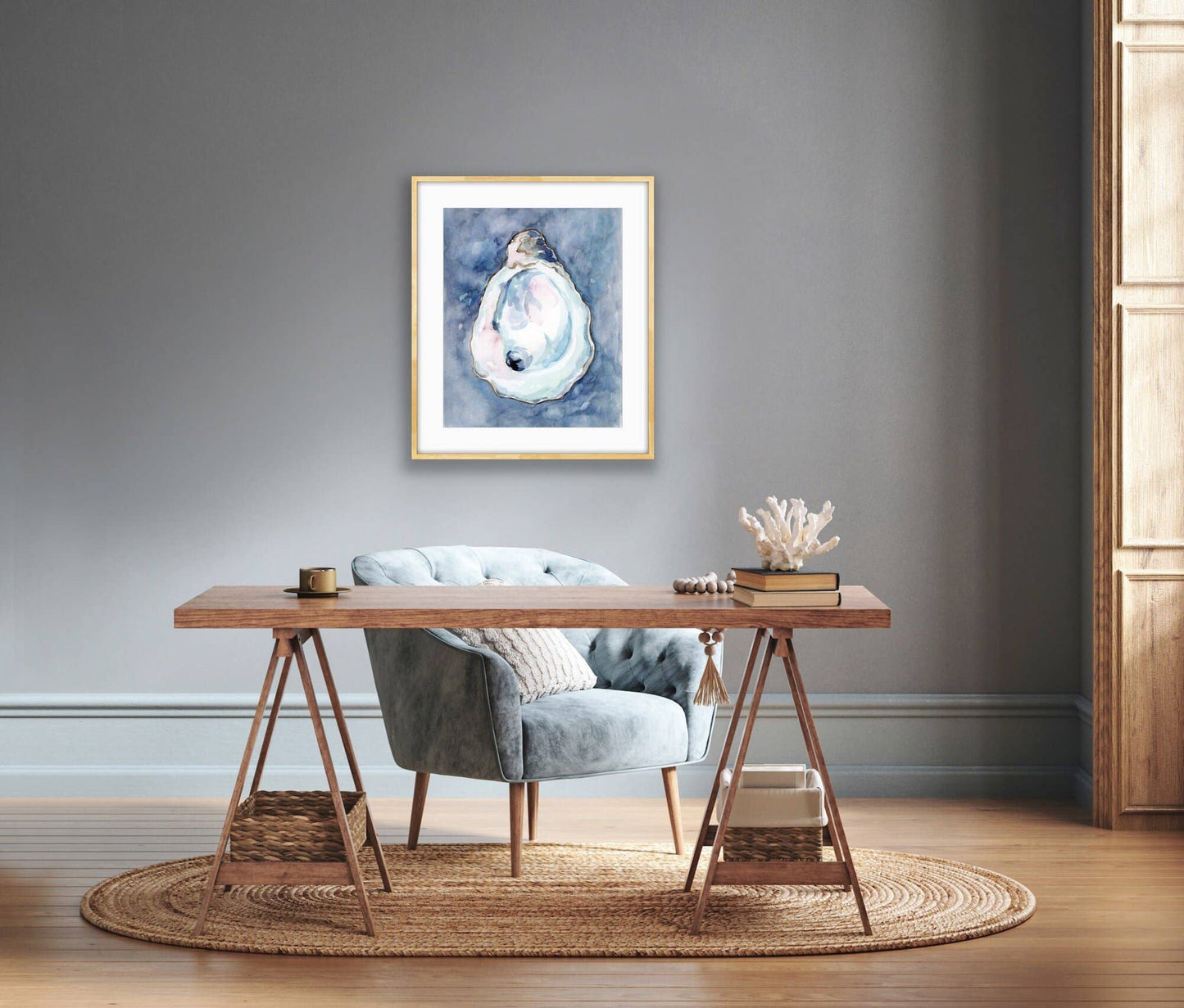 Oyster Shell Watercolor Print – Deep Blue Coastal Wall Art