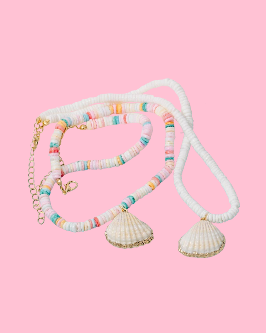 Metallic Dip Clam Shell Pendant Disc Beaded Necklace