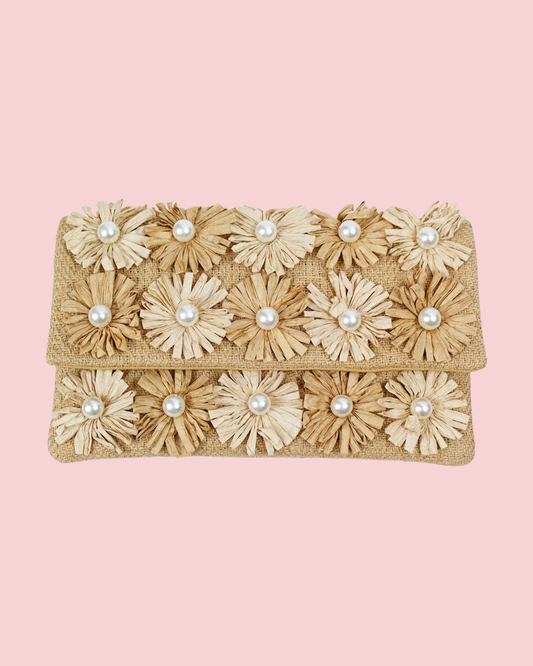 JUTE RAFFIA WITH PEARLS CLUTCH