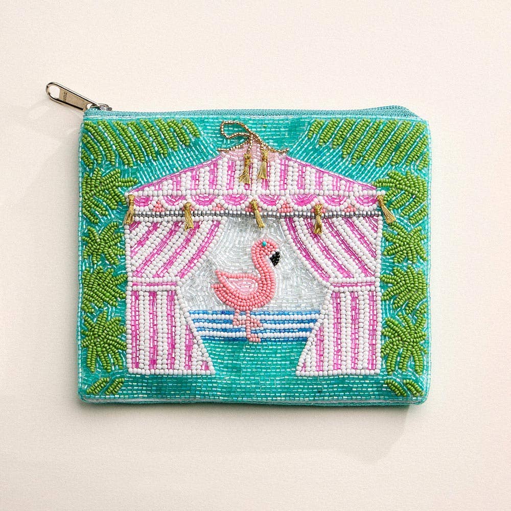 Flamingo Cabana Palm Seed Beaded Mini Pouch Bag