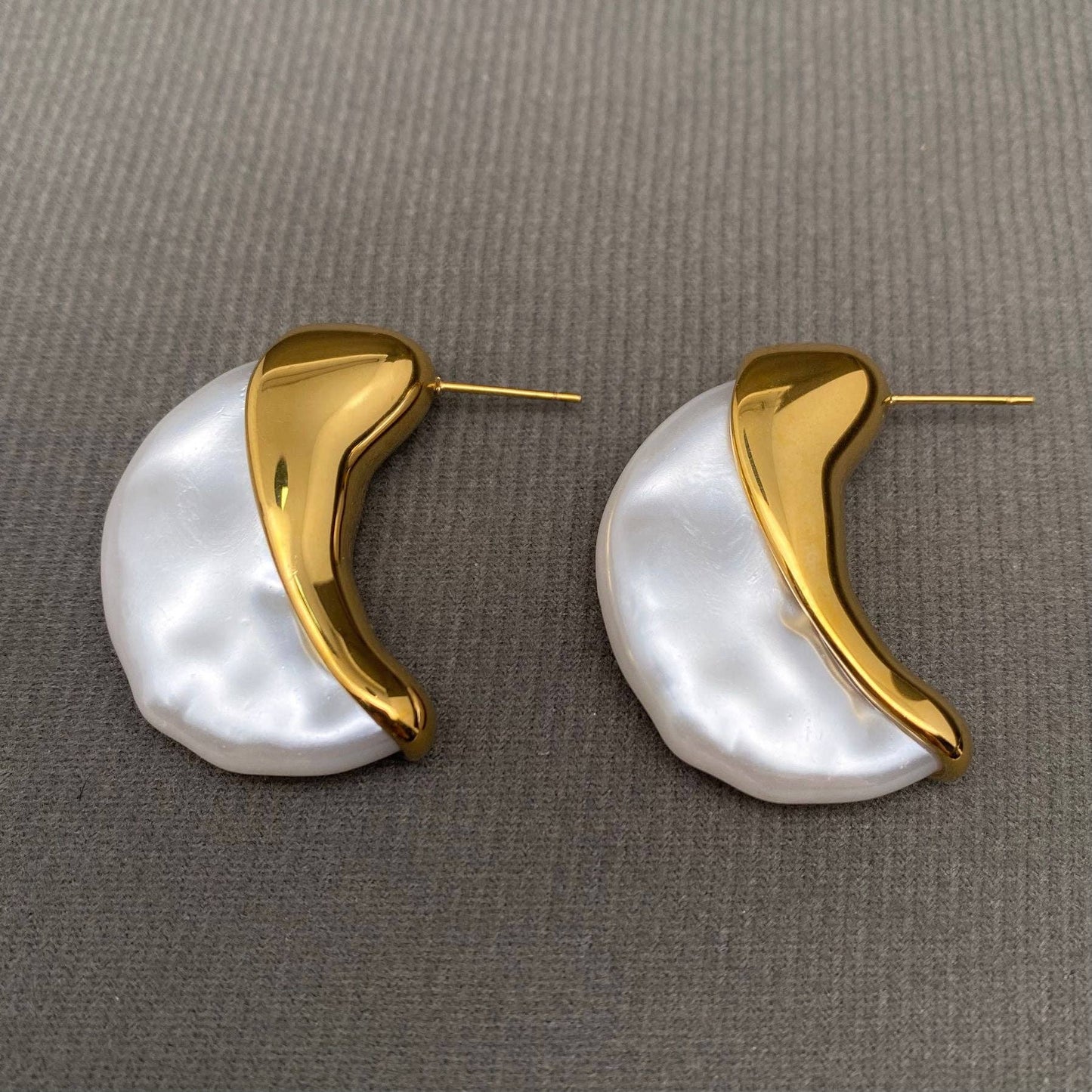 Pearl Inlaid Moon 18K Gold Plated S.Steel Earrings - FGS