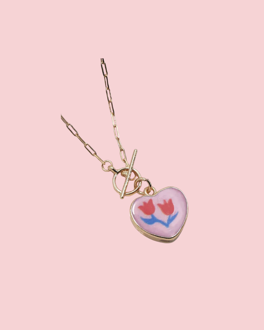 PORCELAIN FLOWER HEART CHARM TOGGLE NECKLACE