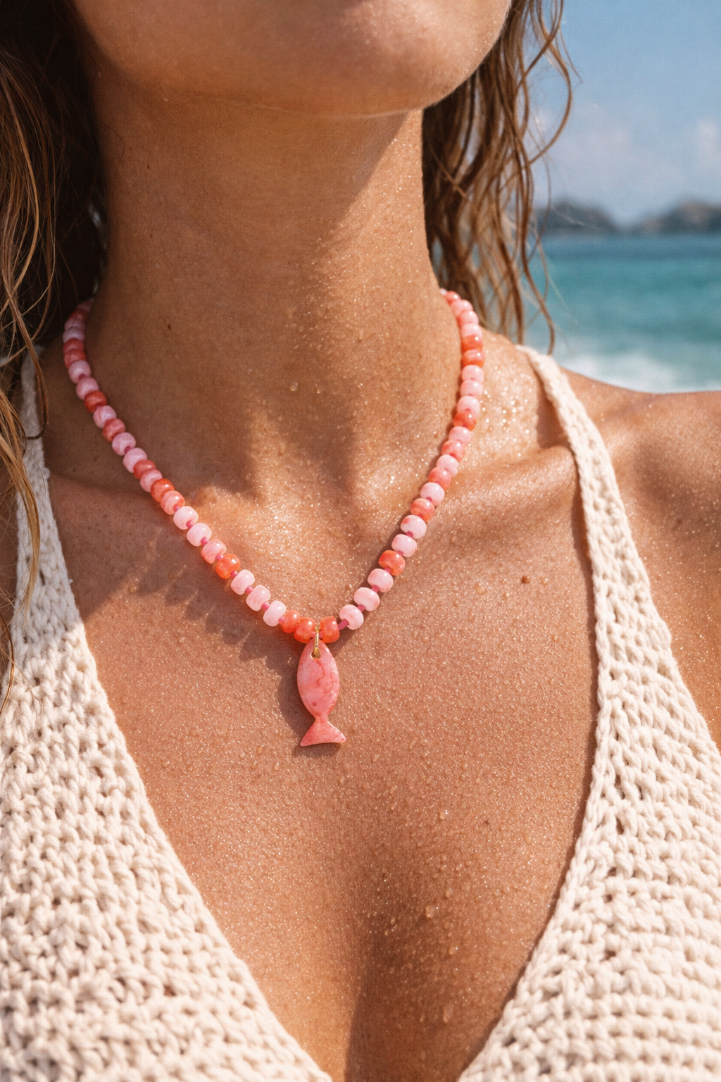 Beach Mode Pink Cherry Splash Marble Fish Beaded Necklace