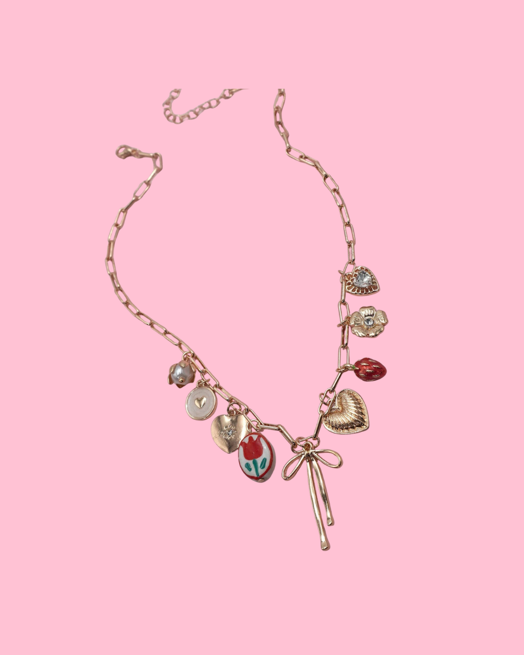 Bow Tolie Floral Heart Charm Necklace