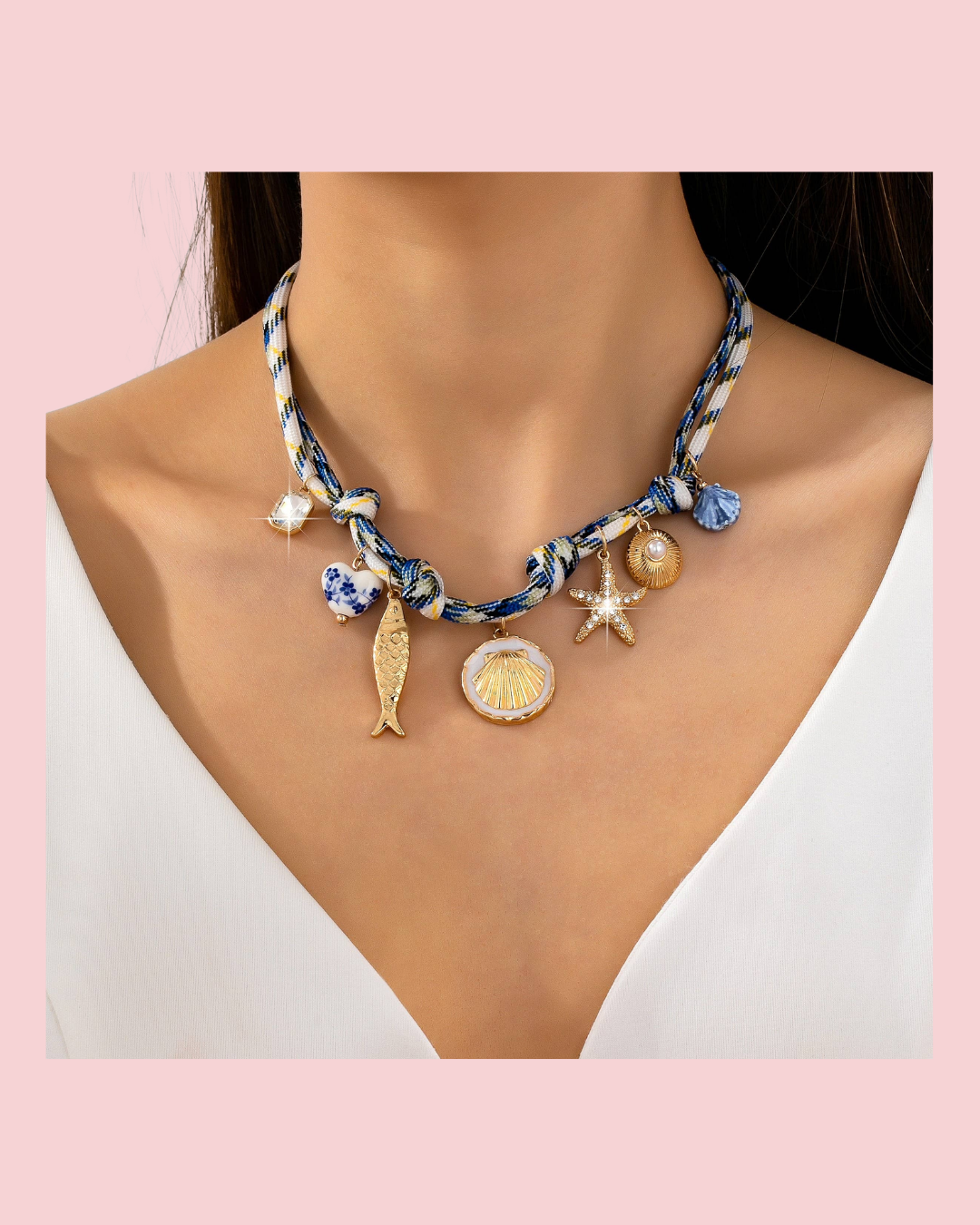 ROPE CHARM NECKLACE-STARFISH SEASHELL CLOISONNE