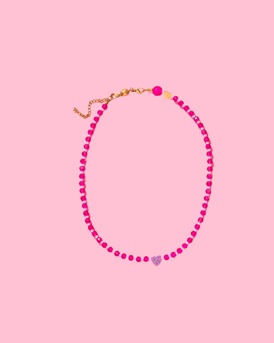 Beaded Necklace - Pink w/ Purple Opal Heart - Karley