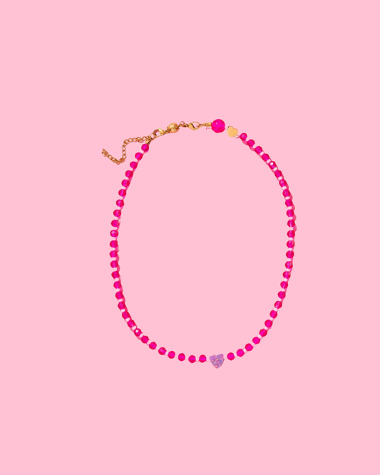 Beaded Necklace - Pink w/ Purple Opal Heart - Karley
