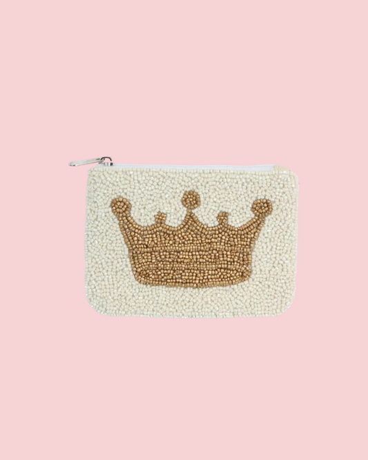 Ladies White Fully Beaded Crown Theme Coin Purse