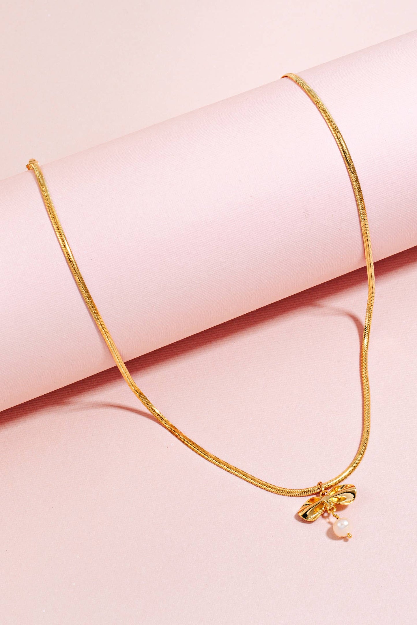 Pearl Bead And Ribbon Bow Pendant Chain Necklace