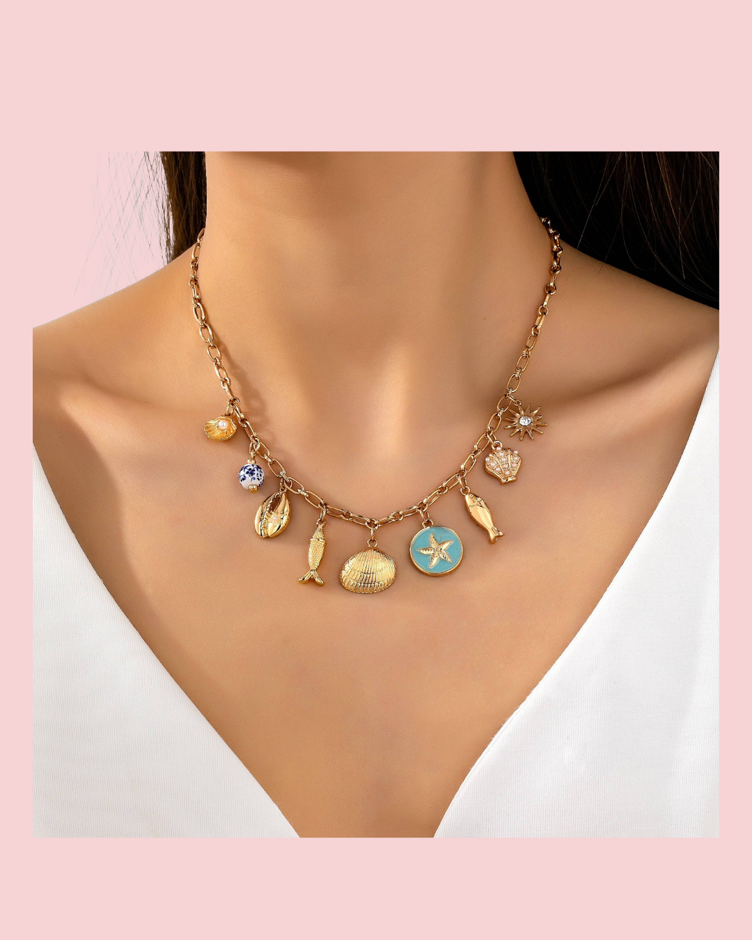 Charm Necklace-Coastal seashells fish cloisonne