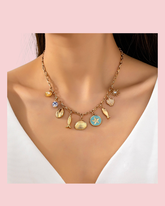 Charm Necklace-Coastal seashells fish cloisonne