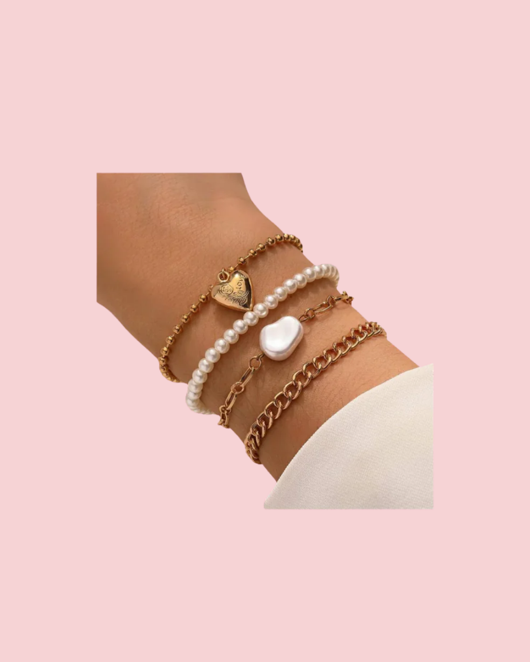 Heart & Pearl Link Bracelet Set