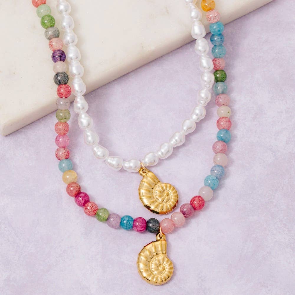 Spiral Shell Pendant Beaded Necklace