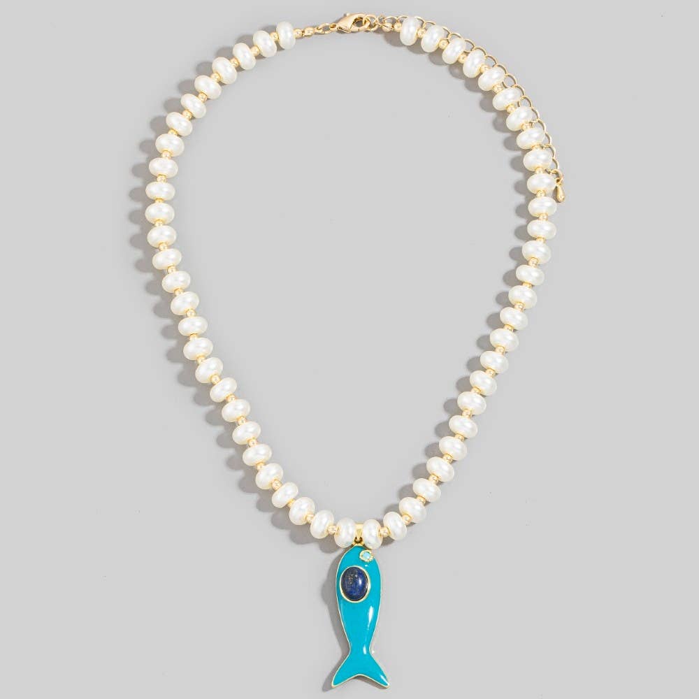 Enamel Fish Pendant Pearl Beaded Necklace