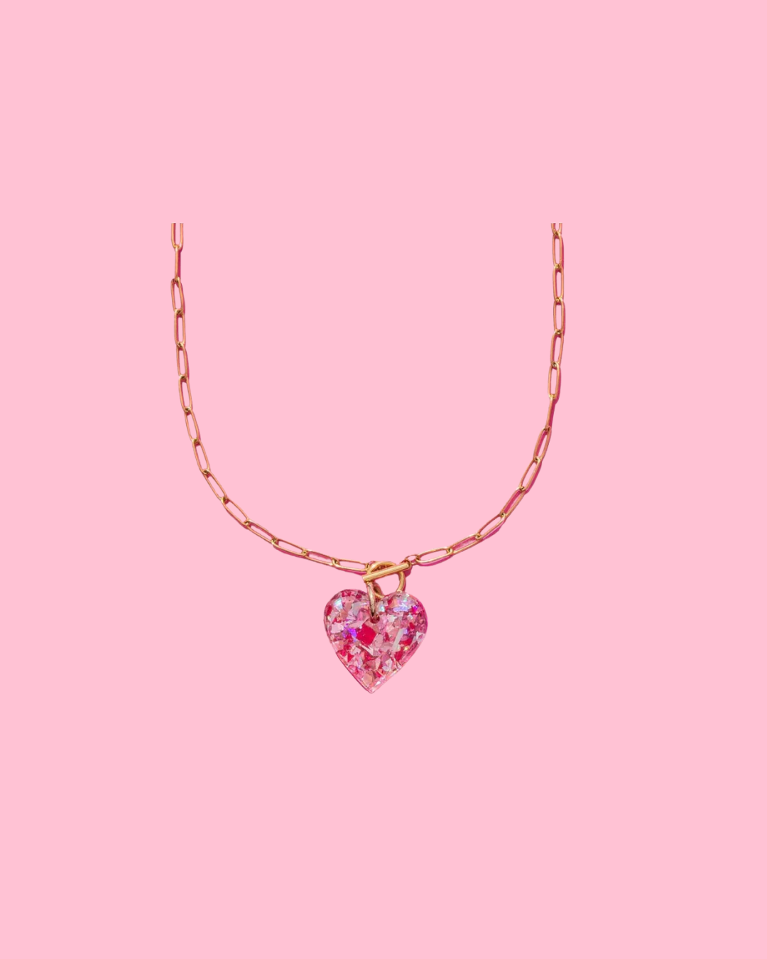 Chain Necklace - Heart - Pink + Silver Confetti