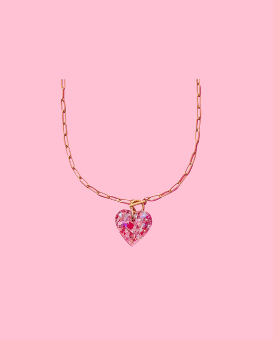Chain Necklace - Heart - Pink + Silver Confetti