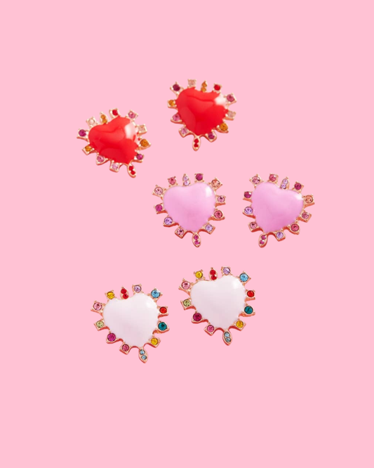 Valentines Heart Enamel Color Stones Post Earrings