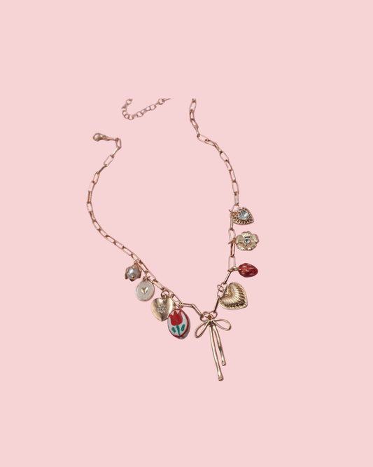Bow Tolie Floral Heart Charm Necklace