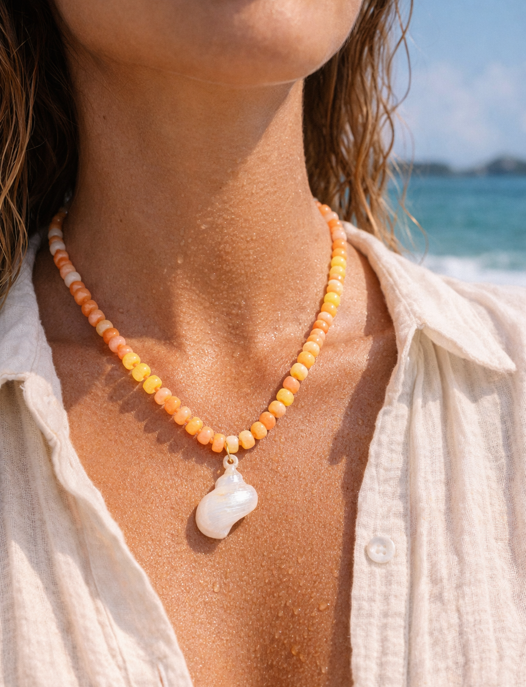 Beach Mode Coastal Sunset Swirl Pearlized Shell Beaded Necklace