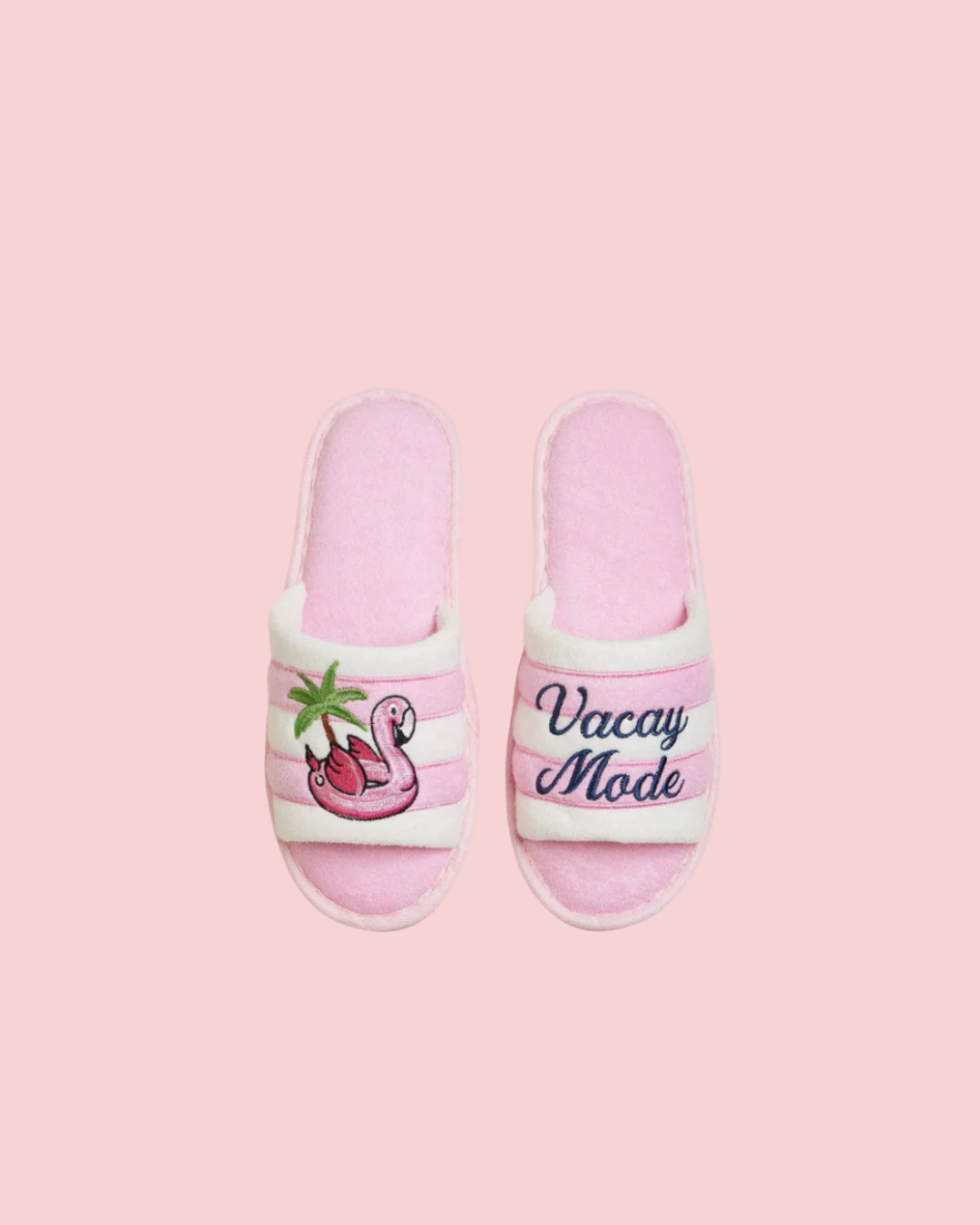 Pink Striped Slippers with Vacay Mode Flamingo
