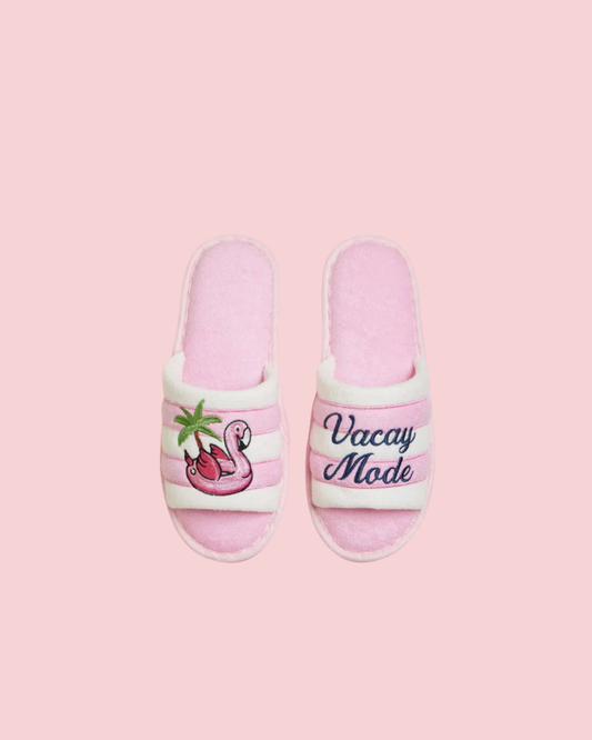 Pink Striped Slippers with Vacay Mode Flamingo