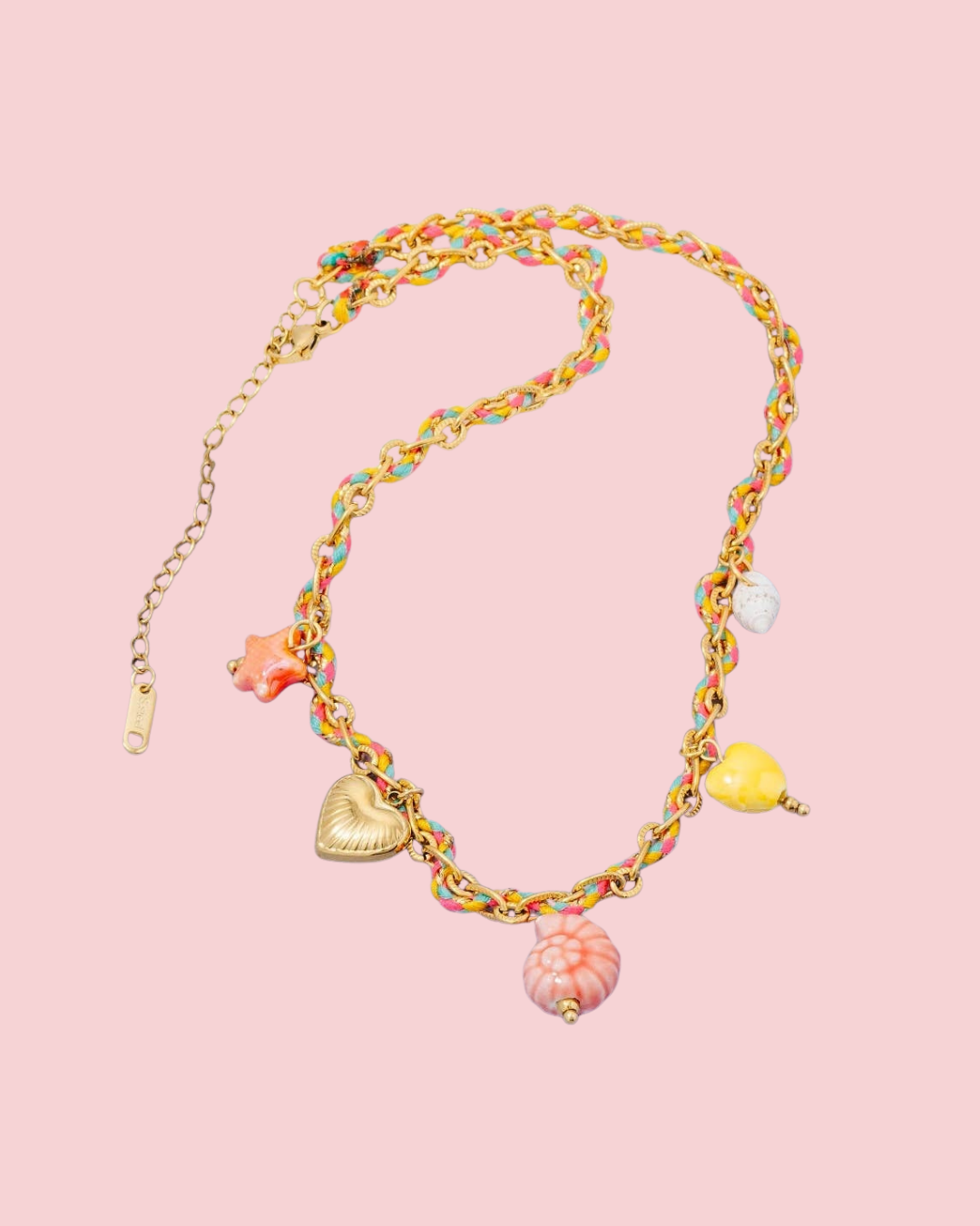 Stainless Steel Sea Life And Heart Charms Braided Necklace