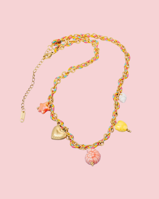Stainless Steel Sea Life And Heart Charms Braided Necklace