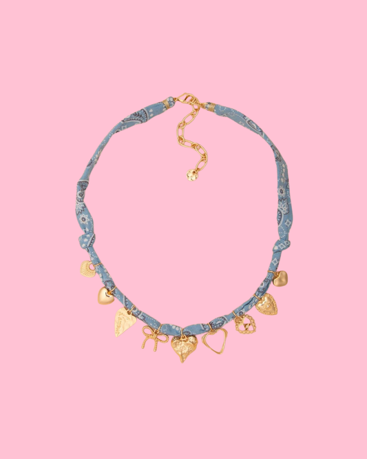 Bandana Necklace with Gold Heart and Charm Trinkets