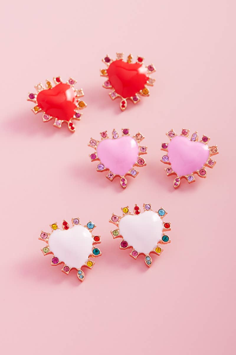 Valentines Heart Enamel Color Stones Post Earrings
