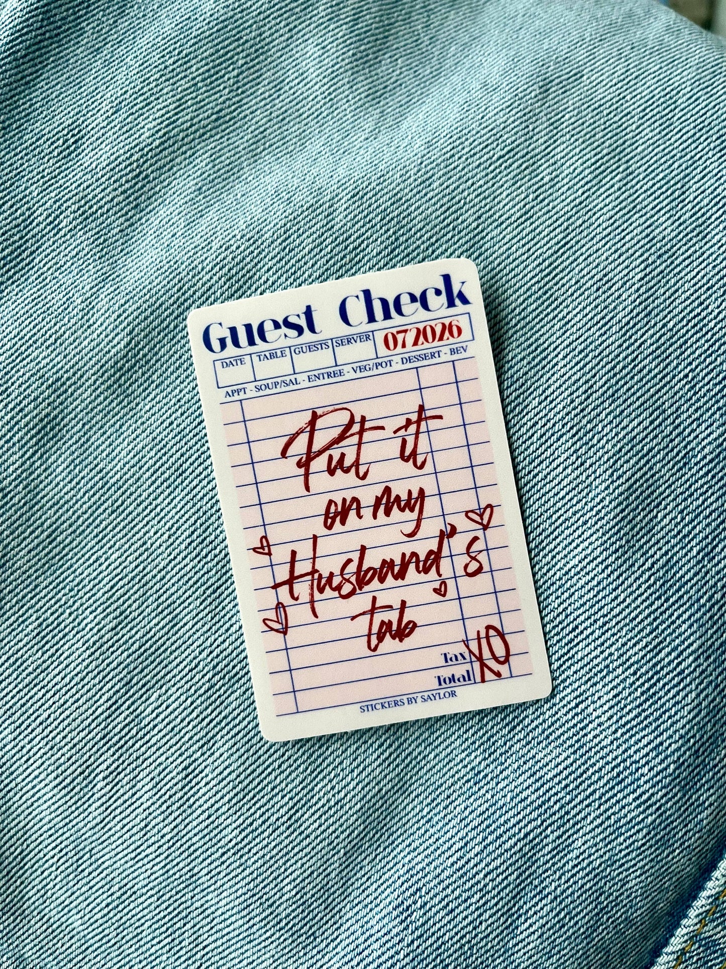 Put it on My Husband’s Tab Guest Check Pink Vinyl Sticker