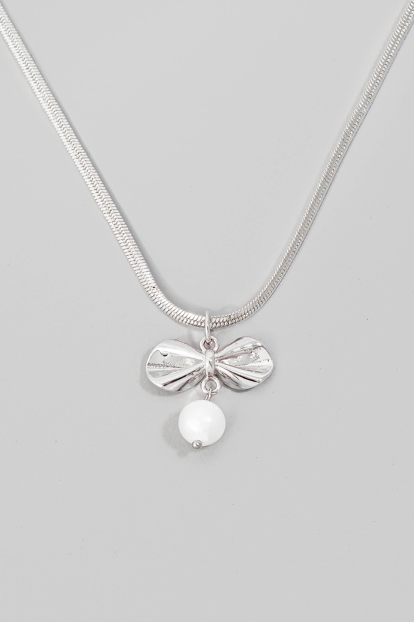 Pearl Bead And Ribbon Bow Pendant Chain Necklace