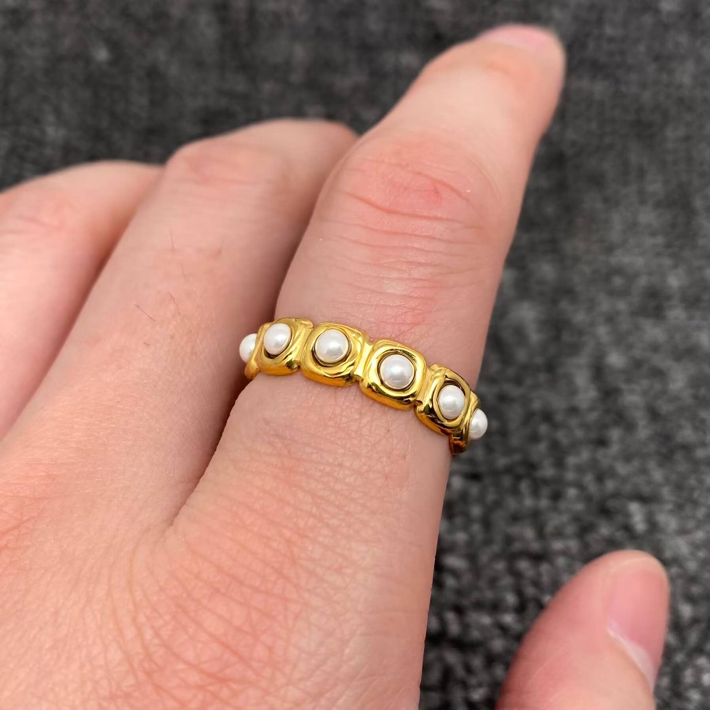 18K Golden Stainless Steel Adjustable Ring With Pearls - FGS
