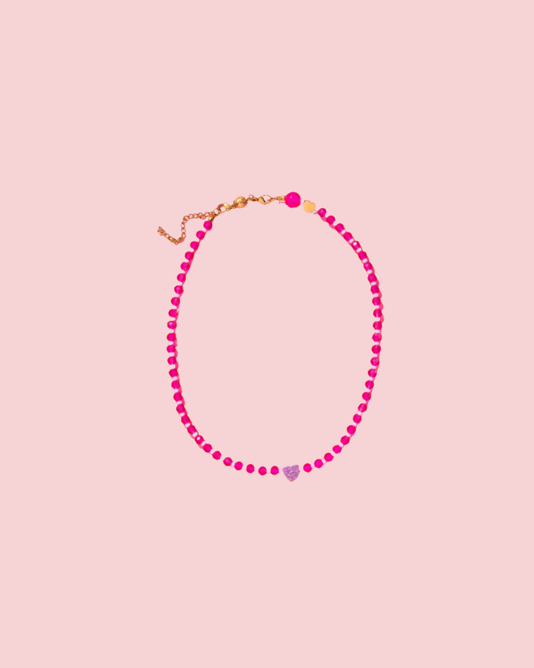 Beaded Necklace - Pink w/ Purple Opal Heart - Karley