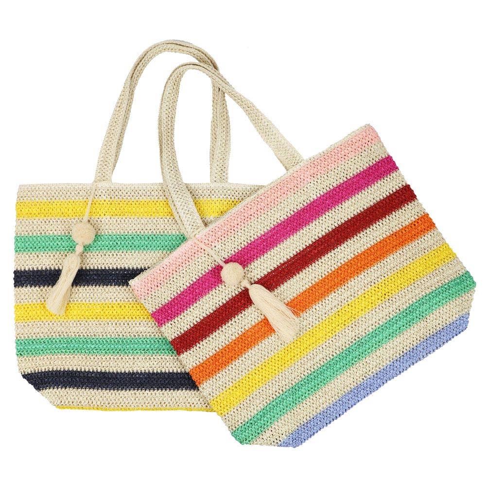 Pom Pom Tassel Multi Color Straw Crochet Tote Bag Beach Bag