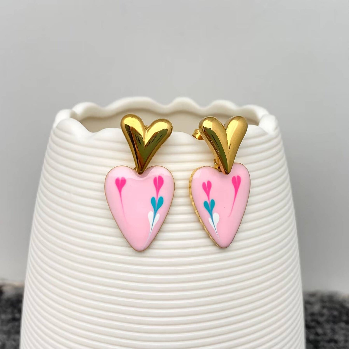 Enamel Heart Charm 18K Gold Plated S.Steel Earrings - FGS