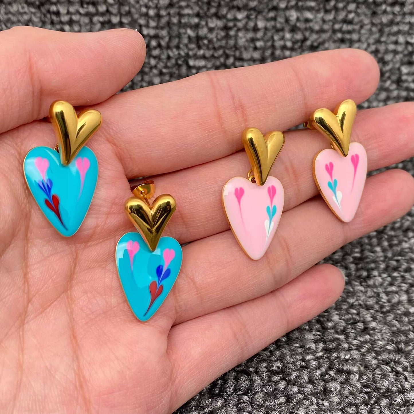 Enamel Heart Charm 18K Gold Plated S.Steel Earrings - FGS