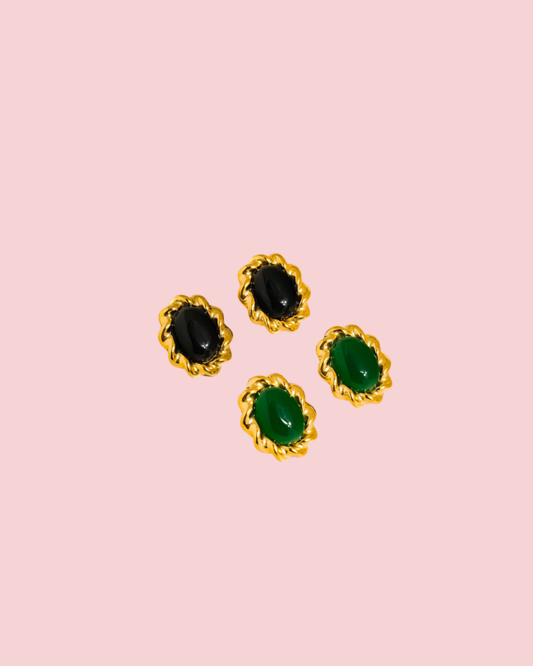 Eulie 18K Gold Non-Tarnish Vintage Stone Oval Earring