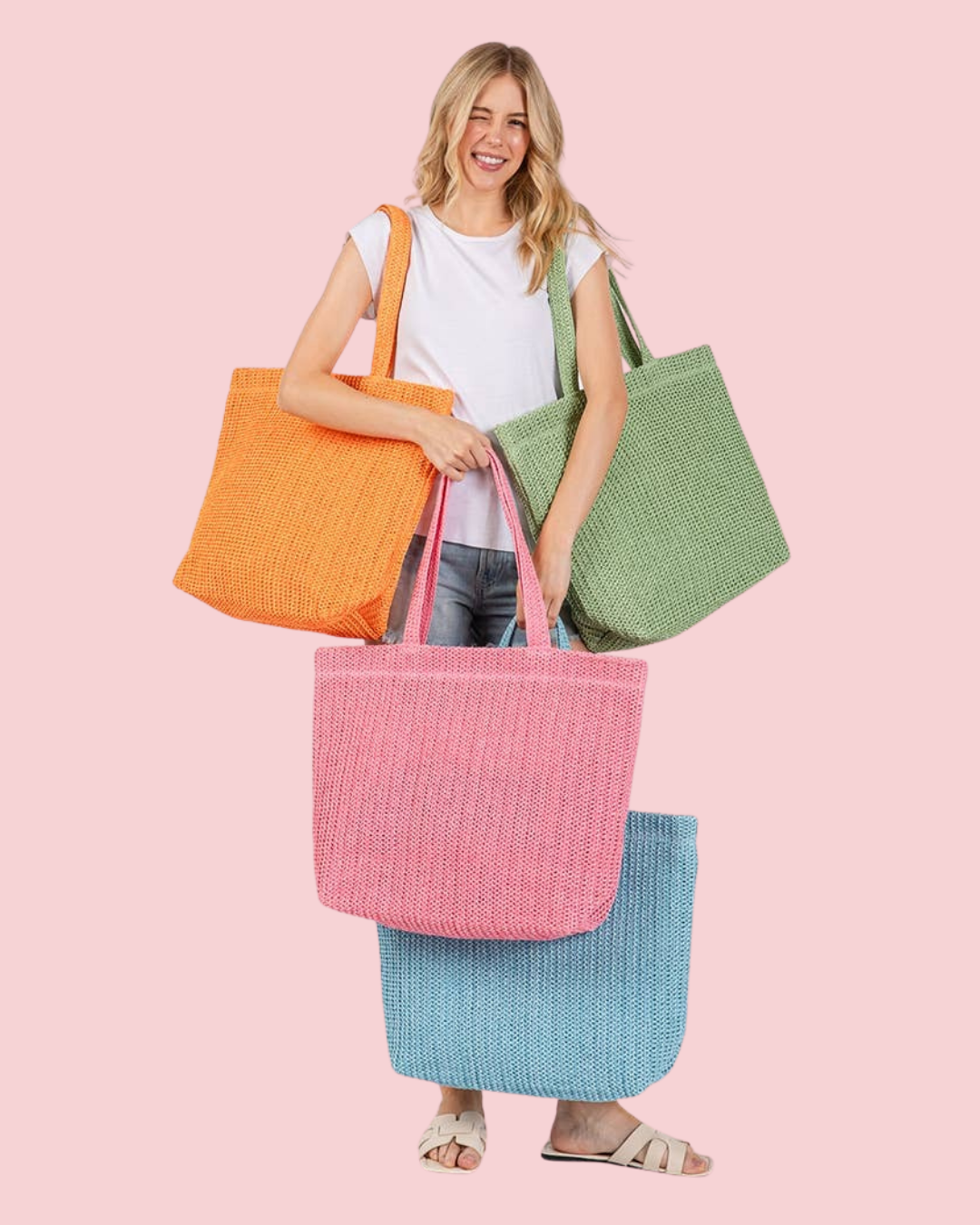 Solid Crochet Straw Tote Bag / Beach Bag
