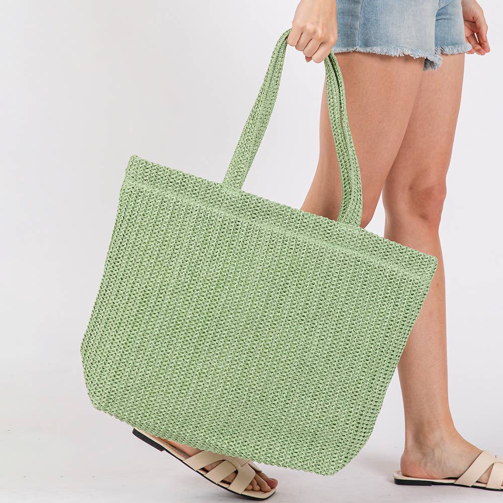 Solid Crochet Straw Tote Bag / Beach Bag