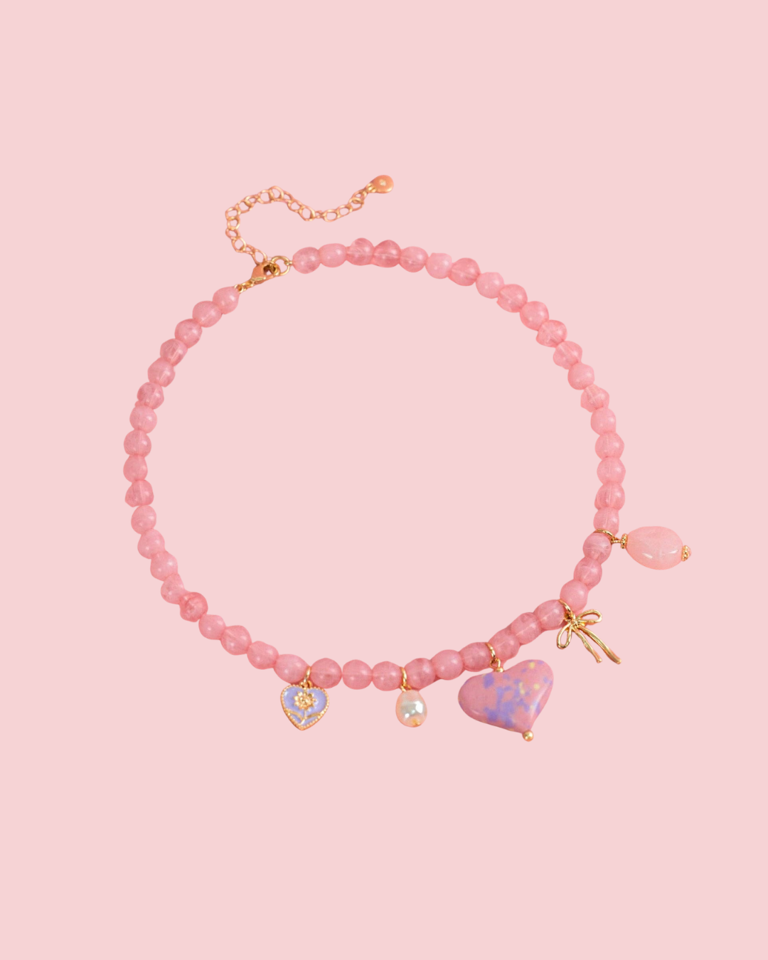 Pink Jade Marbled Valentine Heart Bead Necklace