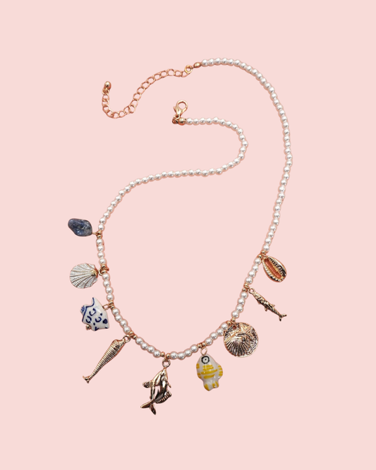 CHARM NECKLACE-PORCELAIN SHELLS FISH NATURAL STONE | 80N9214