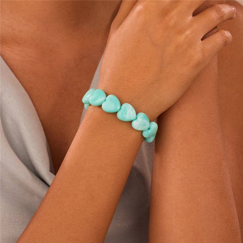 Color-Block Heart Beaded Resin Stretch Bracelet | 40B5251
