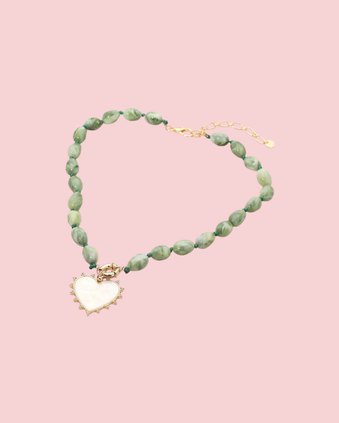 Mother of Pearl Heart Pendant Marbled Resin Oval Beaded Necklace