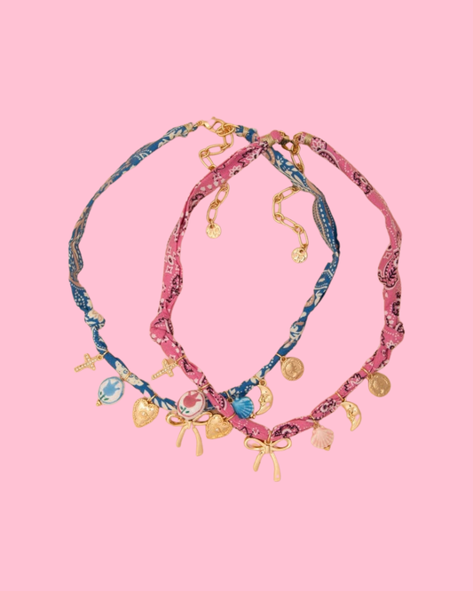 Bandana Necklace with Gold Bow and Charm Trinkets